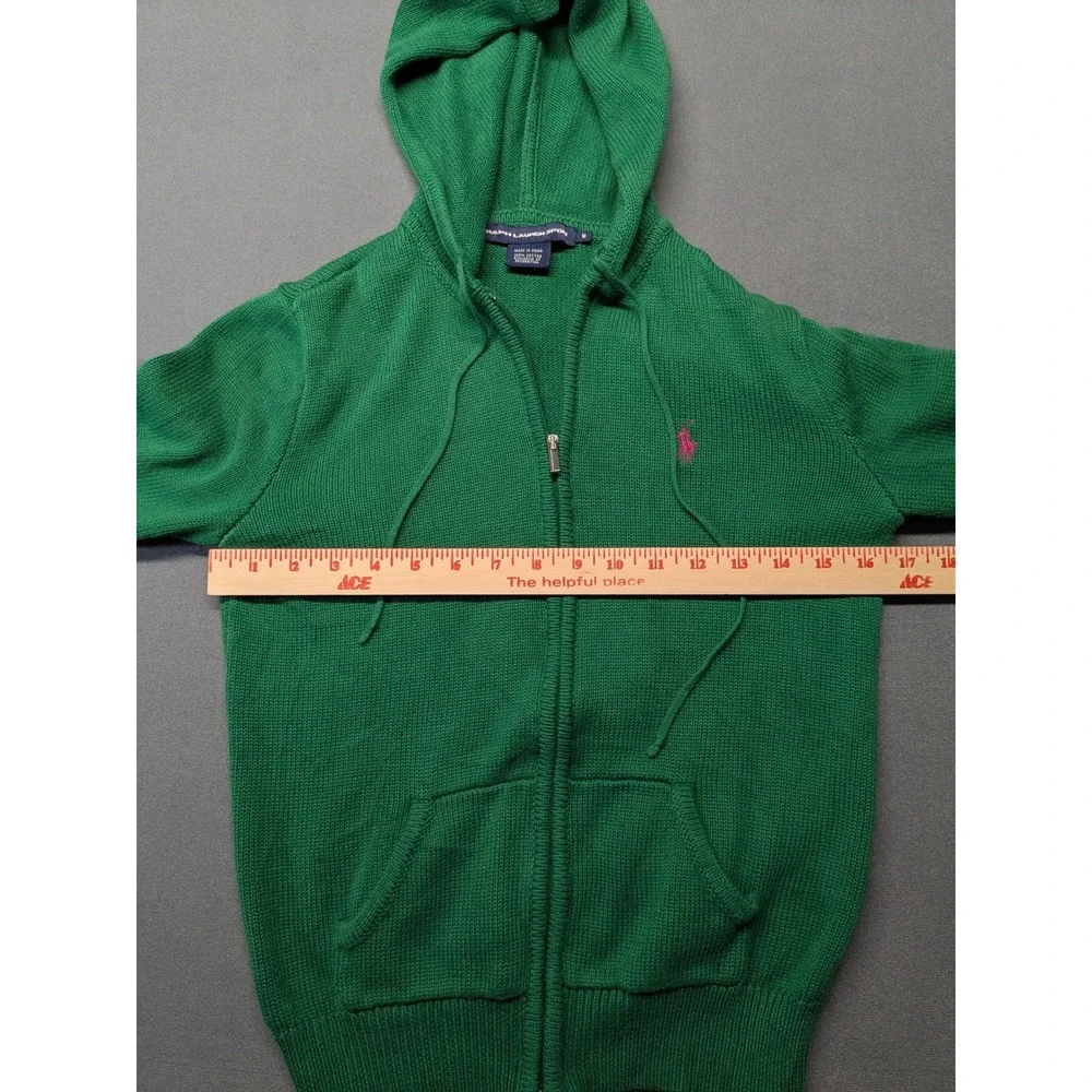 Ralph Lauren Sport Green Cotton Knit Full Zip Hoodie Pink Pony Kids M Women XS